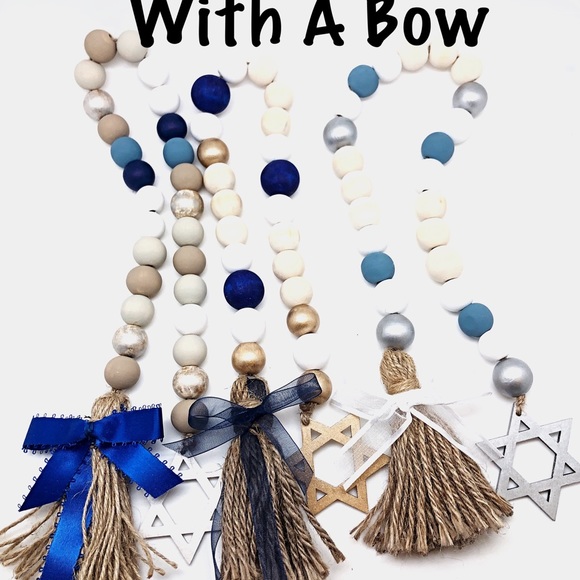 Star Of David Wood Bead Garland With Jute Tassel in Silver, Gold, and Pearlized - Picture 4 of 9